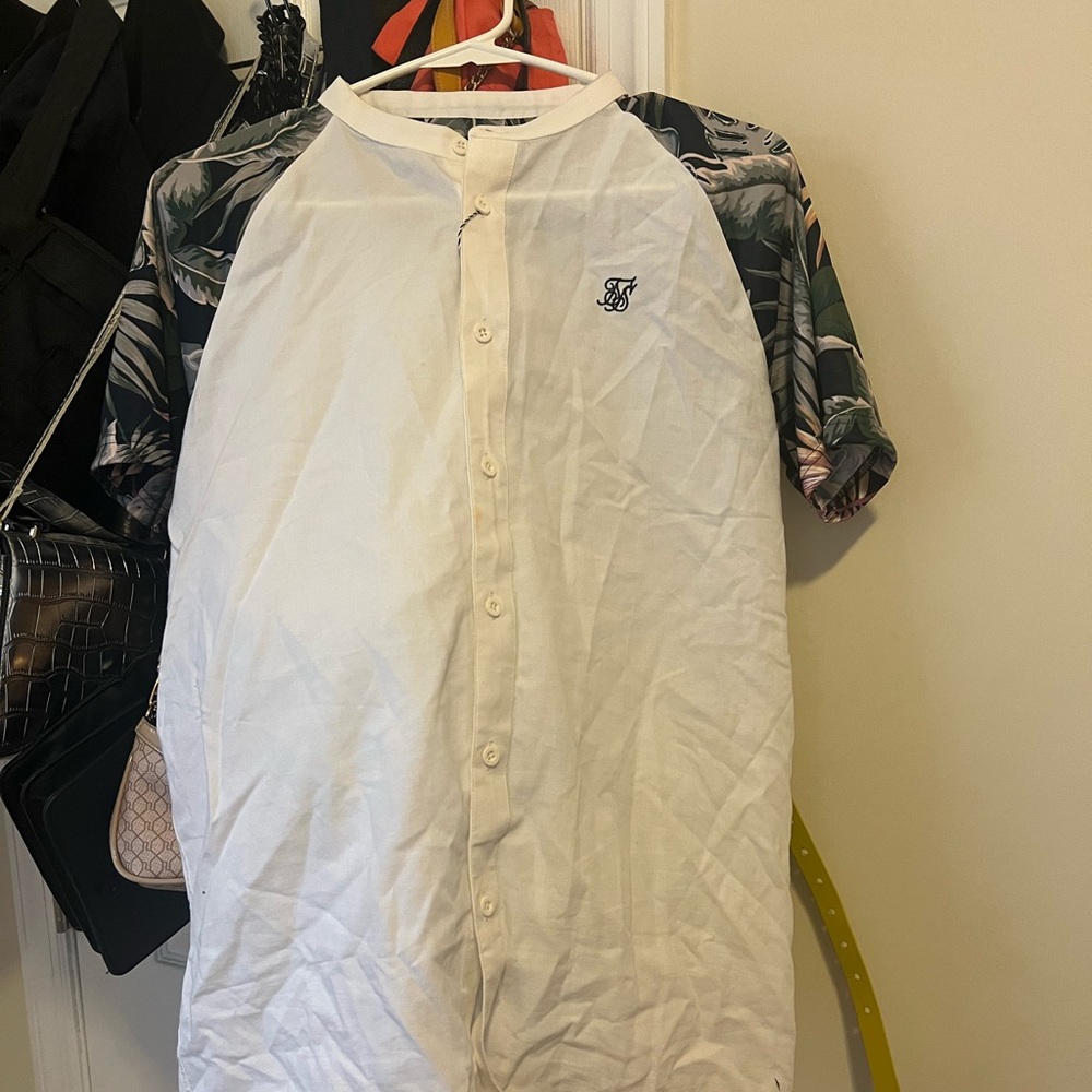 White button down with accent sleeves